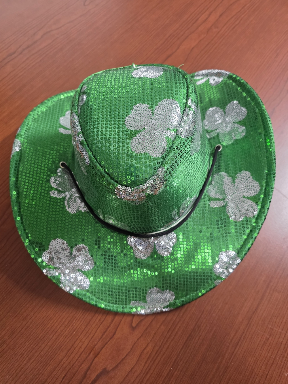 St. Patrickās Day Green Sequin Cowboy Hat Silver Shamrocks Western Party